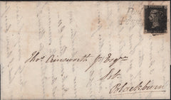 141715 1841 MAIL PRESTON TO BLACKBURN 1D BLACK PL.5 (SG2) CANCELLED BLACK MALTESE CROSS AND 'Poulton/Penny Post' HAND STAMP (SPEC A1ya).
