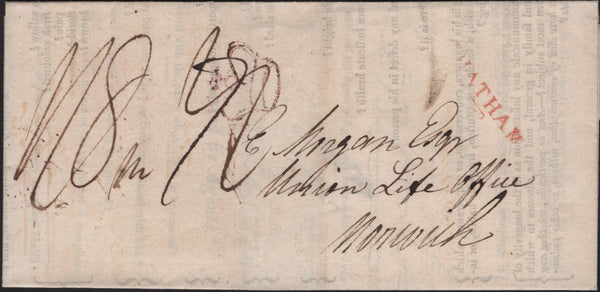 141716 1813 HEALTH QUESTIONNAIRE CHATHAM TO NORWICH WITH INSPECTORS MARK AND 'CHATHAM/31' MILEAGE MARK (KT241).