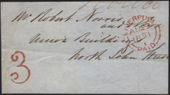 141717 1851 SMALL PART WRAPPER USED LOCALLY IN LIVERPOOL WITH HAND STAMP '3' PAYING NOTICE OF OBJECTION RATE.