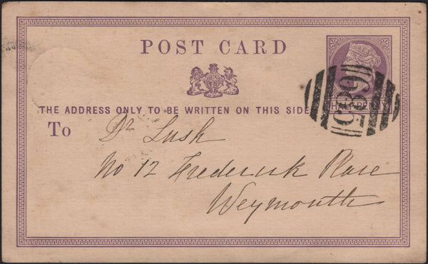 141718 1873 '685' 3VOS CANCELLATION OF WILTON, WILTS ON QV ½D MAUVE POST CARD.