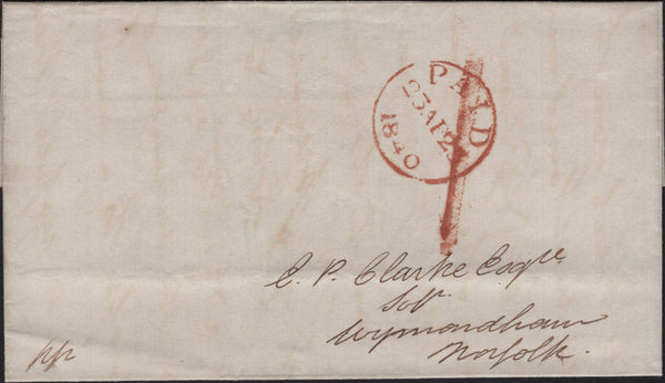 141722 1840 WRAPPER LONDON TO WYMONDHAM WITH '1' UNIFORM PENNY POST HAND STAMP.
