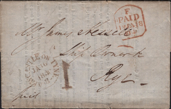 141727 1840 MAIL NEWCASTLE UPON TYNE TO RYE WITH '1' reversed UNIFORM PENNY POST HAND STAMP.