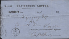 141728 1863 REGISTERED LETTER RECEIPT WITH 'HAY'.