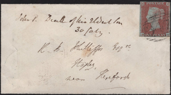 141732 1851 MOURING ENVELOPE HAY, BRECON TO HEREFORD WITH 1D (SG8) CANCELLED '347'  NUMERAL OF HAY.