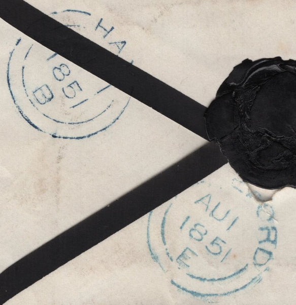 141732 1851 MOURING ENVELOPE HAY, BRECON TO HEREFORD WITH 1D (SG8) CANCELLED '347'  NUMERAL OF HAY.