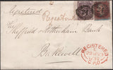 141734 1857 REGISTERED MAIL LONDON TO BAKEWELL, DERBYS, WITH 6D DEEP LILAC (SG69) AND 1D BROWN-ROSE (SG32).
