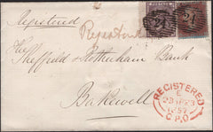 141734 1857 REGISTERED MAIL LONDON TO BAKEWELL, DERBYS, WITH 6D DEEP LILAC (SG69) AND 1D BROWN-ROSE (SG32).