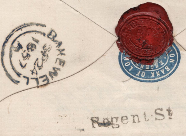 141734 1857 REGISTERED MAIL LONDON TO BAKEWELL, DERBYS, WITH 6D DEEP LILAC (SG69) AND 1D BROWN-ROSE (SG32).