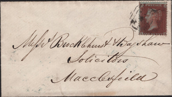 141735 1855 MAIL ROMILEY, CHESHIRETO MACCLESFIELD WITH 1D (SG21) AND 'ROMILEY' UDC.