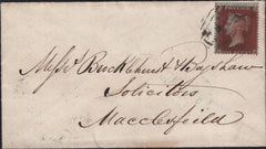 141735 1855 MAIL ROMILEY, CHESHIRETO MACCLESFIELD WITH 1D (SG21) AND 'ROMILEY' UDC.