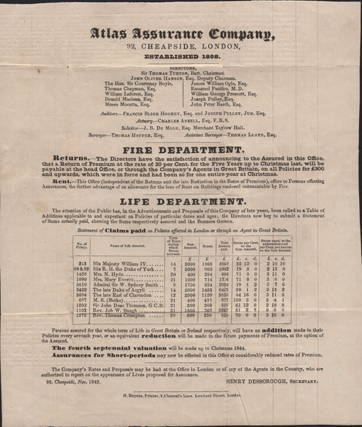 141739 1842 1D MULREADY ADVERT 'ATLAS ASSURANCE COMPANY' (SPEC MA103i) FINE UNUSED.