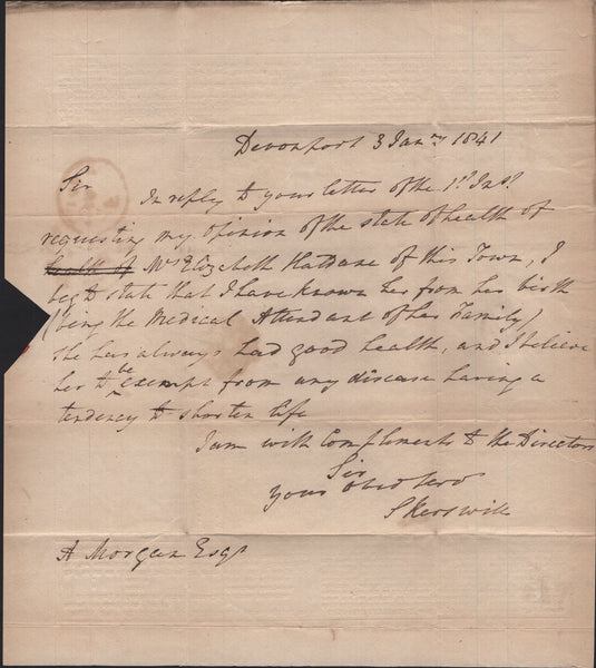 141745 1841 1D MULREADY ADVERT 'EQUITABLE ASSURANCE' WITH PRINTED ADDRESS (MA126a) GOOD TO FINE USED DEVONPORT TO LONDON.