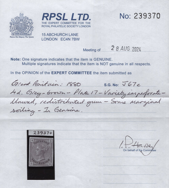 141753 1880 4D GREY-BROWN PL.17 ERROR IMPERFORATE (SG154a) GOOD UNUSED.