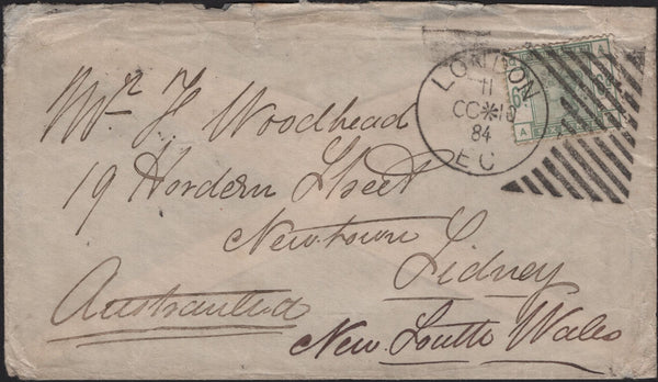 141757 1884 MAIL LONDON TO NEW SOUTH WALES WITH 6D DULL GREEN (SG194) HOSTER CANCELLATION.