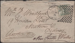 141757 1884 MAIL LONDON TO NEW SOUTH WALES WITH 6D DULL GREEN (SG194) HOSTER CANCELLATION.