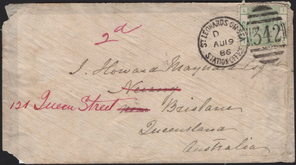 141758 1886 MAIL ST LEONARDS ON SEA, SUSSEX TO AUSTRALIA WITH 6D DULL GREEN (SG194).