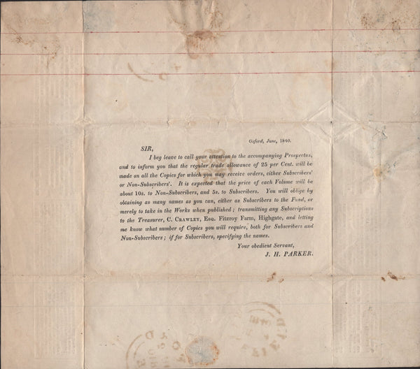 141761 1840 1D MULREADY ADVERT 'J. H. PARKER' (MA462) FINE TO VERY FINE USED OXFORD TO WAKEFIELD.