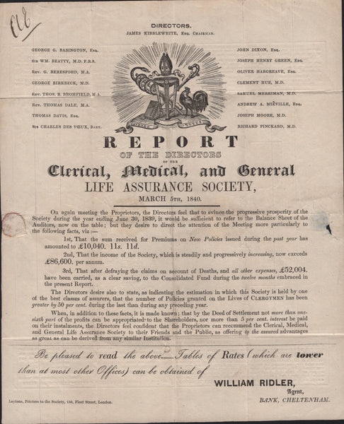 141767 1841 1D MULREADY 'CLERICAL, MEDICAL, AND GENERAL LIFE ASSURANCE' ADVERT, AT BOTTOM RIGHT 'WILLIAM RIDLER, Agent, BANK, CHELTENHAM' (SPEC MA112l) FROM CHELTENHAM WITH 'SALMON-PINK' MALTESE CROSS.
