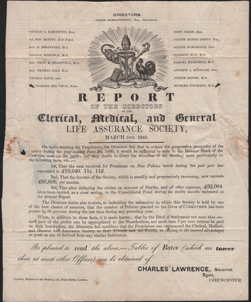141768 1841 1D MULREADY ADVERT 'CLERICAL MEDICAL AND GENERAL LIFE ASSURANCE SOCIETY' AT LOWER RIGHT 'CHARLES LAWRENCE, SOLICITOR, AGENT, CIRENCESTER' (SPEC MA112h).