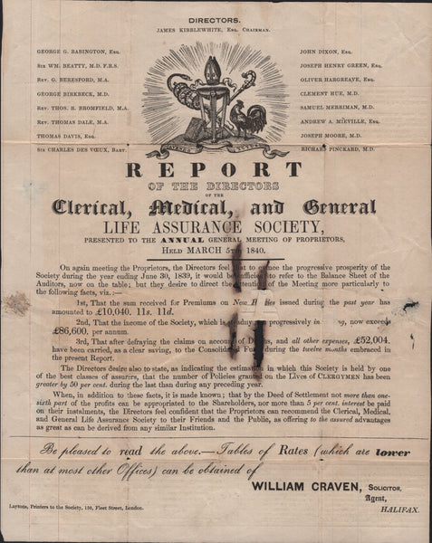 141771 1841 1D MULREADY ADVERT 'CLERICAL, MEDICAL AND GENERAL LIFE ASSURANCE SOCIETY' USED HALIFAX TO BRADFORD WITH 'WILLIAM CRAVEN, SOLICITOR, AGENT, HALIFAX' AT LOWER RIGHT (MA113j).