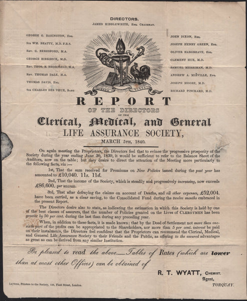 141772 1841 1D MULREADY ADVERT 'CLERICAL, MEDICAL AND GENERAL LIFE ASSURANCE SOCIETY' TORQUAY TO BRISTOL WITH 'R. T. WYATT, CHEMIST, AGENT, TORQUAY' AT LOWER RIGHT (SPEC MA112o).
