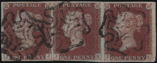 141776 1841 1D RED PL.8 (SG7) GOOD USED STRIP OF THREE JJ JK JL.
