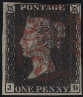 141779 1840 MATCHED PAIR 1D BLACK PL.6 (SG2) LETTERED JD WITH BLACK AND RED MALTESE CROSSES.
