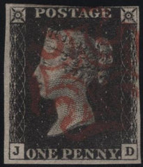 141779 1840 MATCHED PAIR 1D BLACK PL.6 (SG2) LETTERED JD WITH BLACK AND RED MALTESE CROSSES.