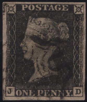 141779 1840 MATCHED PAIR 1D BLACK PL.6 (SG2) LETTERED JD WITH BLACK AND RED MALTESE CROSSES.