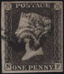 141780 1840-41 MATCHED TRIO 1D BLACKS PL.1A (SG3), PL.1B (SG2) AND PENNY RED PL.1B (SG7) LETTERED NF.