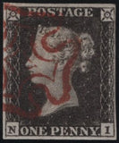141781 1840-41 MATCHED TRIO 1D BLACKS PL.1A (SG3), PL.1B (SG2) AND PENNY RED PL.1B (SG7) LETTERED NI.