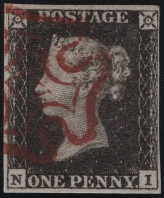 141781 1840-41 MATCHED TRIO 1D BLACKS PL.1A (SG3), PL.1B (SG2) AND PENNY RED PL.1B (SG7) LETTERED NI.