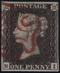 141781 1840-41 MATCHED TRIO 1D BLACKS PL.1A (SG3), PL.1B (SG2) AND PENNY RED PL.1B (SG7) LETTERED NI.