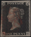 141781 1840-41 MATCHED TRIO 1D BLACKS PL.1A (SG3), PL.1B (SG2) AND PENNY RED PL.1B (SG7) LETTERED NI.