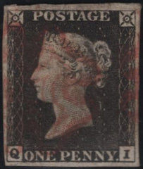 141782 1840-41 MATCHED TRIO 1D BLACKS PL.1A (SG2), PL.1B (SG2) AND PENNY RED PL.1B (SG7) LETTERED QI.