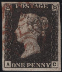 141784 1840-41 MATCHED TRIO 1D BLACKS PL.1A (SG2), PL.1B (SG2) AND PENNY RED PL.1B (SG7) LETTERED AC.