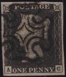 141784 1840-41 MATCHED TRIO 1D BLACKS PL.1A (SG2), PL.1B (SG2) AND PENNY RED PL.1B (SG7) LETTERED AC.