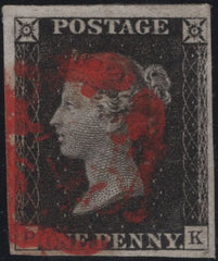 141786 1840 1D BLACK PL.1B (SG2)(PK 'RETOUCHED CHECK LETTERS' SPEC AS5e) GOOD TO FINE USED.