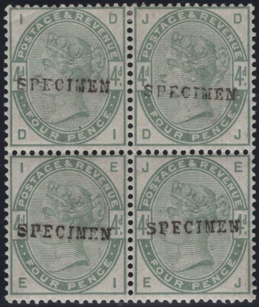 141791 1884 4D DULL GREEN GOOD TO FINE UNUSED BLOCK OF FOUR 'SPECIMEN' TYPE 9 (SG192s).