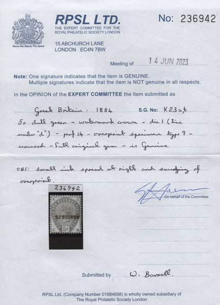 141796 1884 UNISSUED 5D GREEN WITH 'LINE UNDER d' OVERPRINTED 'SPECIMEN' TYPE 9 (SG193 SPEC K23t).