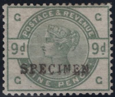 141798 1883 9D DULL GREEN 'SPECIMEN' TYPE 9 (SG195s) GOOD O.G.