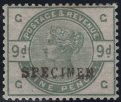141798 1883 9D DULL GREEN 'SPECIMEN' TYPE 9 (SG195s) GOOD O.G.