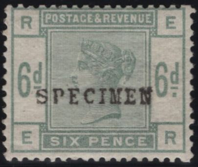 141800 1884 6D DULL GREEN 'SPECIMEN' TYPE 9 (SG194s) GOOD PART O.G.