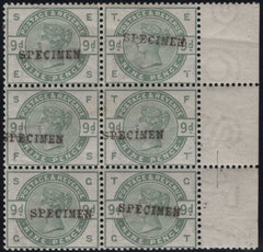 141801 1883 9D DULL GREEN UNUSED MARGINAL BLOCK OF SIX OVERPRINTED 'SPECIMEN' TYPE 9 (SG195s).