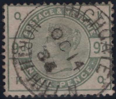 141804 1883 9D DULL GREEN (SG195)(KQ) FINE USED, LONDON CDS.