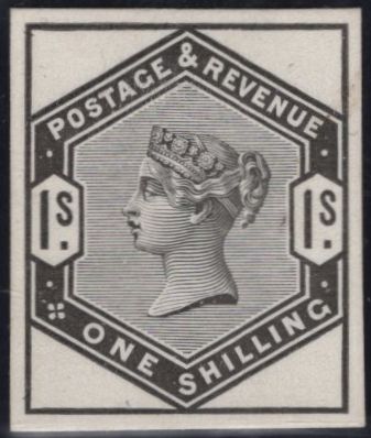 141805 1883 1S LILAC AND GREEN ISSUE, STAMP SIZE DIE PROOF BLACK ON GLAZED CARD WITHOUT CORNER LETTERS.
