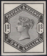 141805 1883 1S LILAC AND GREEN ISSUE, STAMP SIZE DIE PROOF BLACK ON GLAZED CARD WITHOUT CORNER LETTERS.