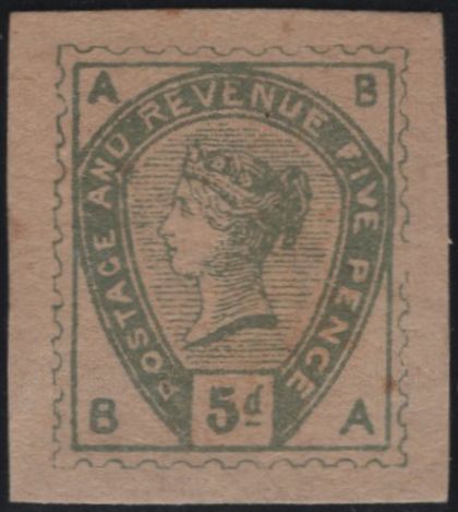 141808 1882 LILAC AND GREEN DE LA RUE FOURTH SCHEME, 5D GREEN ESSAY FROM DIE 1 WITH 'LINE UNDER D' LETTERED BA.
