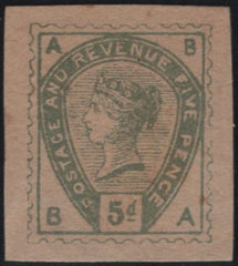 141808 1882 LILAC AND GREEN DE LA RUE FOURTH SCHEME, 5D GREEN ESSAY FROM DIE 1 WITH 'LINE UNDER D' LETTERED BA.