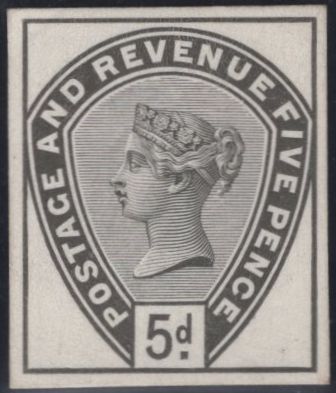 141811 1883 5D LILAC AND GREEN ISSUE, STAMP SIZE DIE PROOF, BLACK ON GLAZED CARD WITHOUT CORNER LETTERS.